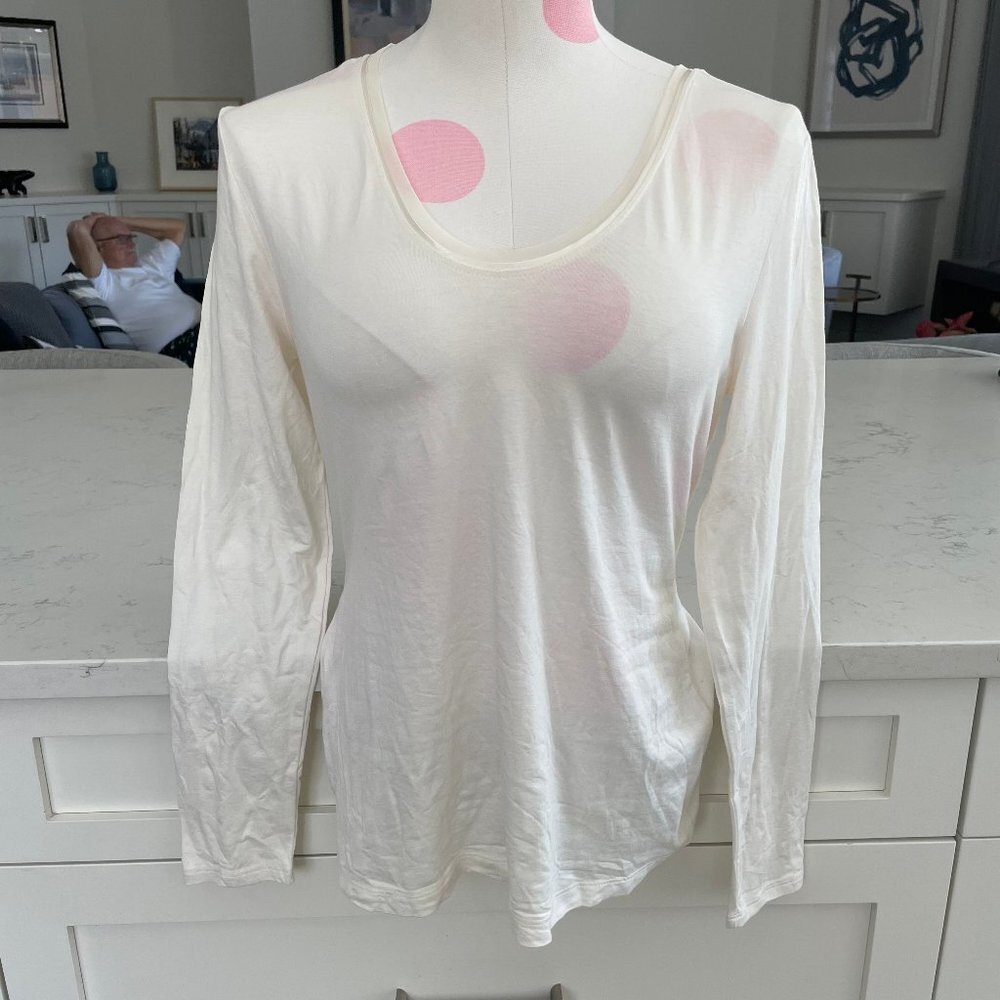 Banana Republic Petite Neutral LS U Neck Rayon Tencel Blend Top Cream Sz MP